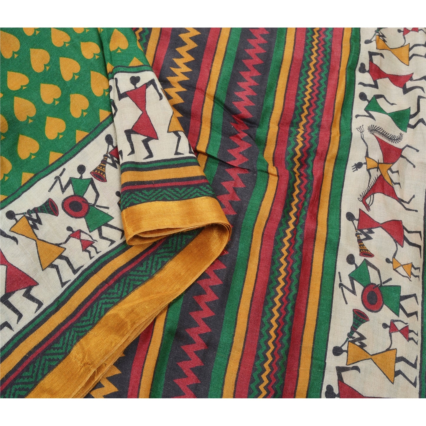 Sanskriti Vintage Heavy Sarees 100% Pure Woolen Sustainable Fabric Green Warli Printed Sari