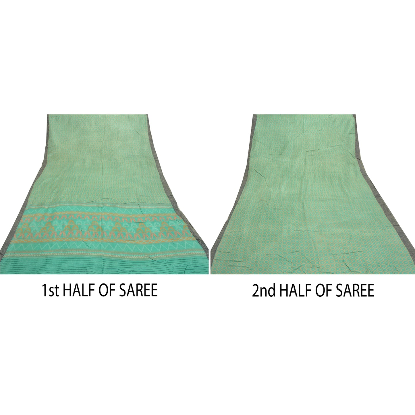 Sanskriti Vintage Grønne Tunge Sarier Ren Uld Bæredygtigt Stof Trykt & Vævet Sari