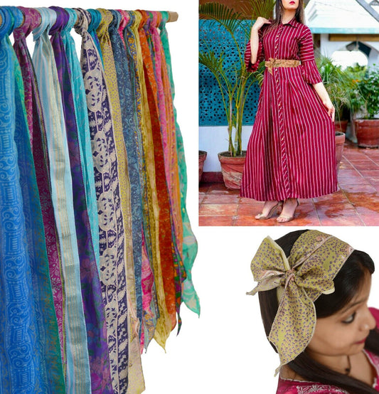 Sanskriti Vintage genbrugssilkebånd – hovedbeklædning, halsedisse, tørklæde, bælte – bæredygtigt stof 70" – sæt med 10 stk.
