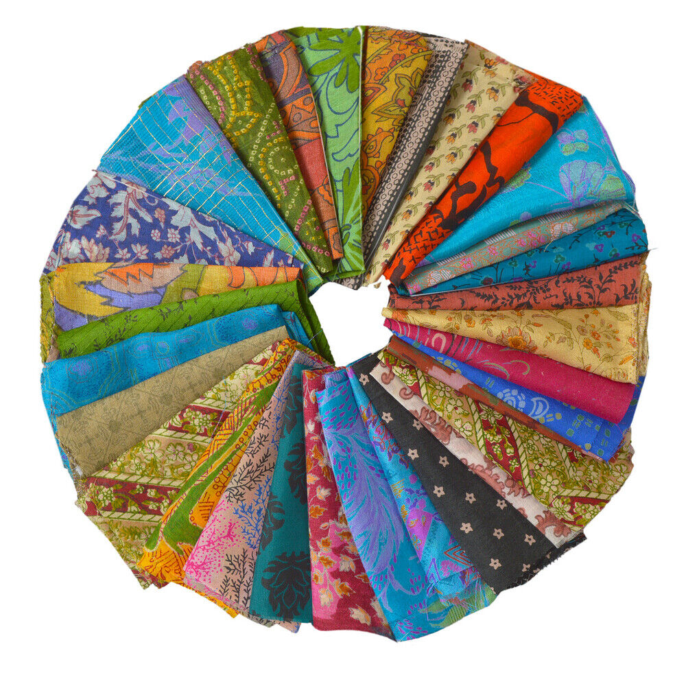 Sanskriti Vintage Recycle Silk Sari Remnants, Fat Quarters, Fabric Squares and Scraps
