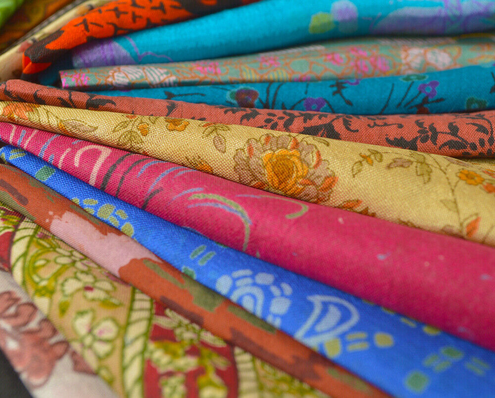 Sanskriti Vintage Lot Of 40 Sarees Pure Silk Printed Saris Crafting Fabric