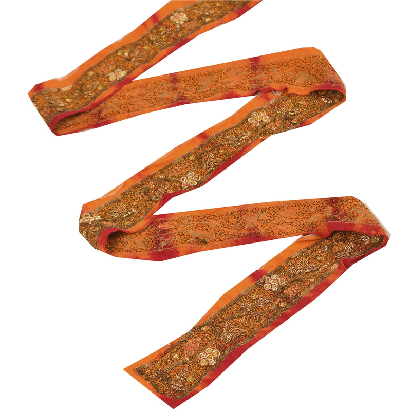 Sanskriti Vintage Hand Beaded Silk Sari Border: Vintage Zardozi Trim, Maroon Saffron Decor (1 Yd) upholstery fabric