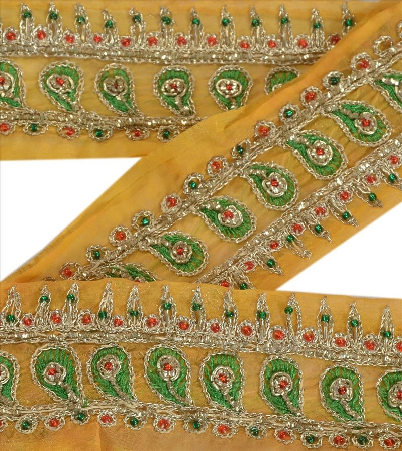 Sanskriti Vintage Saffron Sari Border: Hand Beaded Zardozi Art Silk Trim upholstery fabric