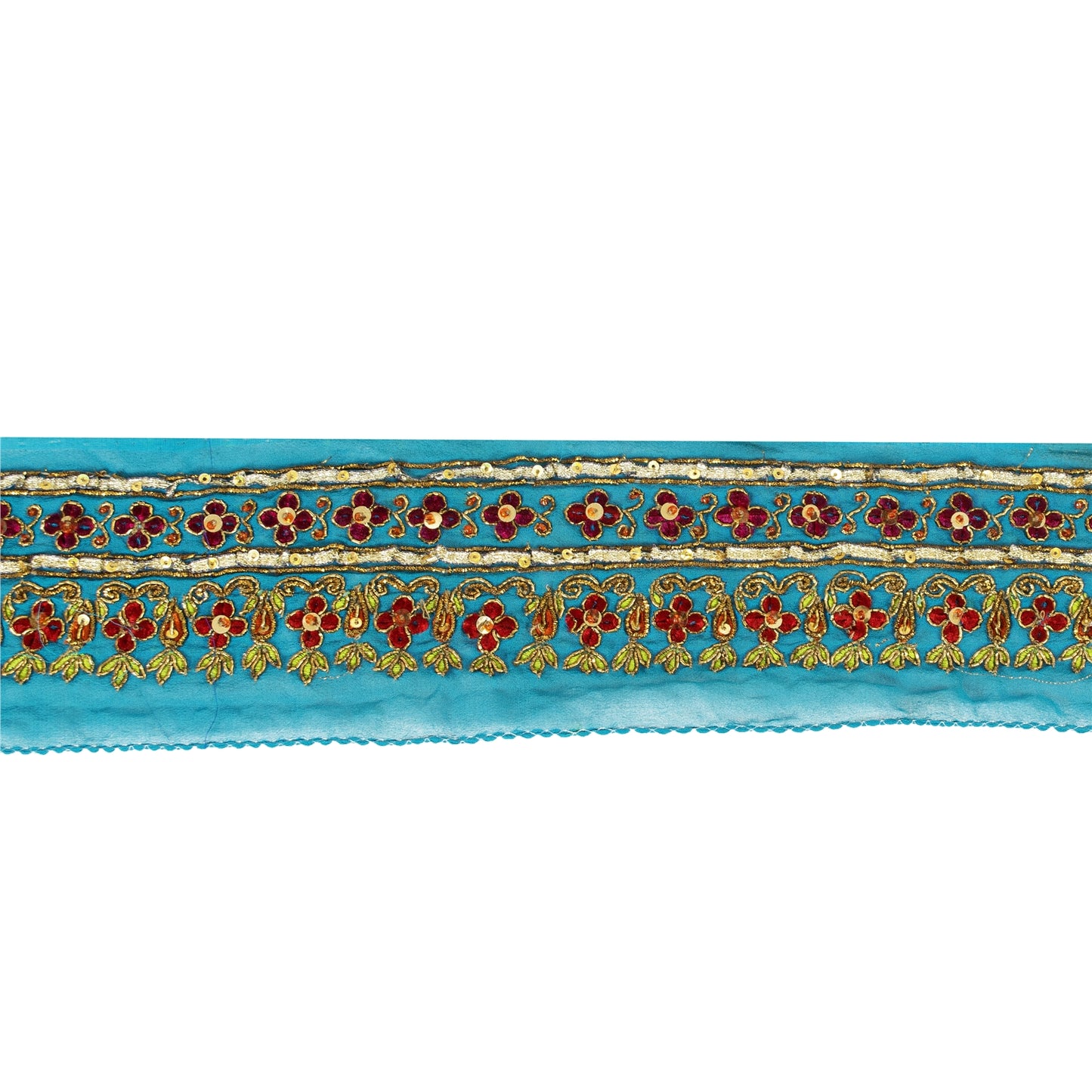 Sanskriti Vintage Saree Border Hand Beaded Craft Patch Work Trims Lace 1 YD Blue