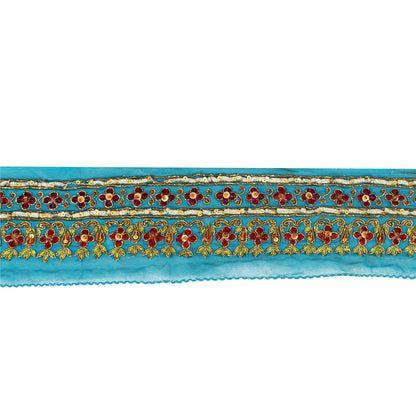 Sanskriti Vintage Saree Border Hand Beaded Craft Patch Work Trims Lace 1 YD Blue