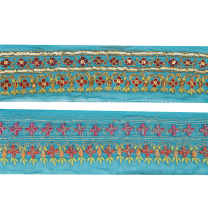 Sanskriti Vintage Saree Border Hand Beaded Craft Patch Work Trims Lace 1 YD Blue