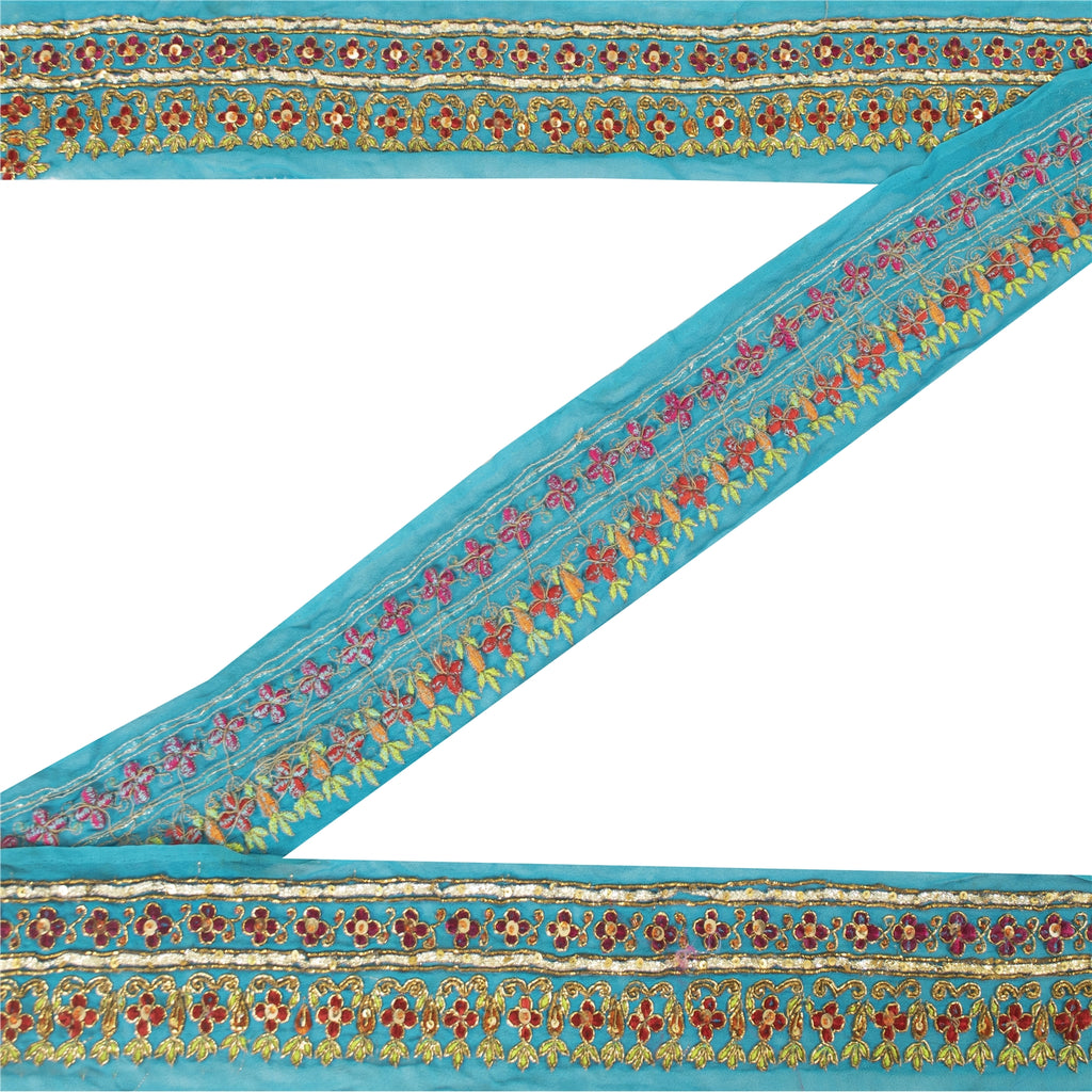 Sanskriti Vintage Saree Border Hand Beaded Craft Patch Work Trims Lace 1 YD Blue