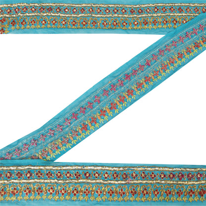 Sanskriti Vintage Saree Border Hand Beaded Craft Patch Work Trims Lace 1 YD Blue