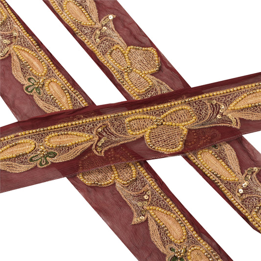 Sanskriti Vintage Saree Border Hand Beaded Craft Indian Trims Zari Lace 1 Yard