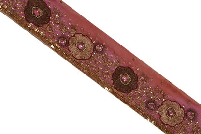 Sanskriti Vintage Saree Border Hand Beaded Indian Craft Trims Lace 1 Yard Pink