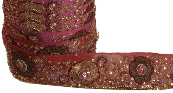 Sanskriti Vintage Saree Border Hand Beaded Indian Craft Trims Lace 1 Yard Pink