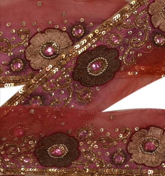 Sanskriti Vintage Saree Border Hand Beaded Indian Craft Trims Lace 1 Yard Pink