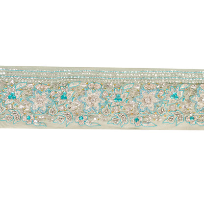 Sanskriti Vintage Craft Trims Lace Saree 1YD Border Green Hand Beaded Zardozi