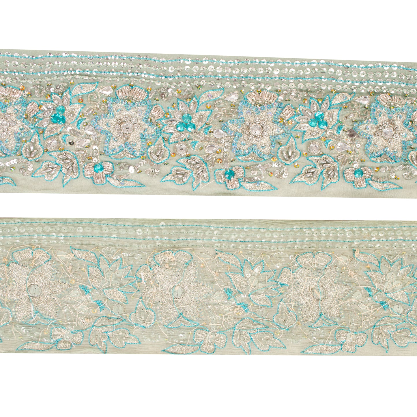 Sanskriti Vintage Craft Trims Lace Saree 1YD Border Green Hand Beaded Zardozi