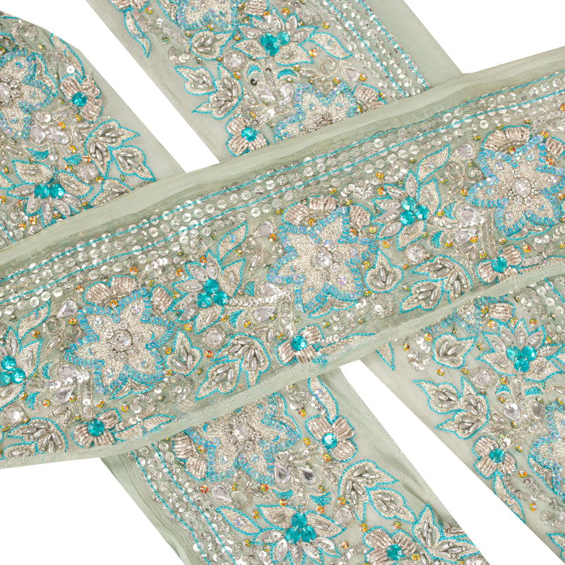 Sanskriti Vintage Craft Trims Lace Saree 1YD Border Green Hand Beaded Zardozi