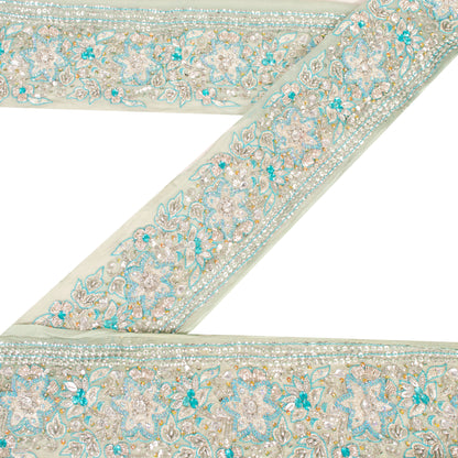 Sanskriti Vintage Craft Trims Lace Saree 1YD Border Green Hand Beaded Zardozi