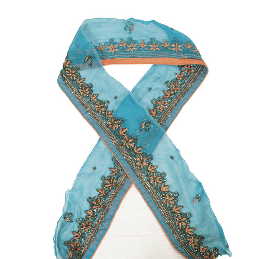 Sanskriti Vintage Saree Border Hand Beaded Indian Craft Trims Lace 1 Yard Blue