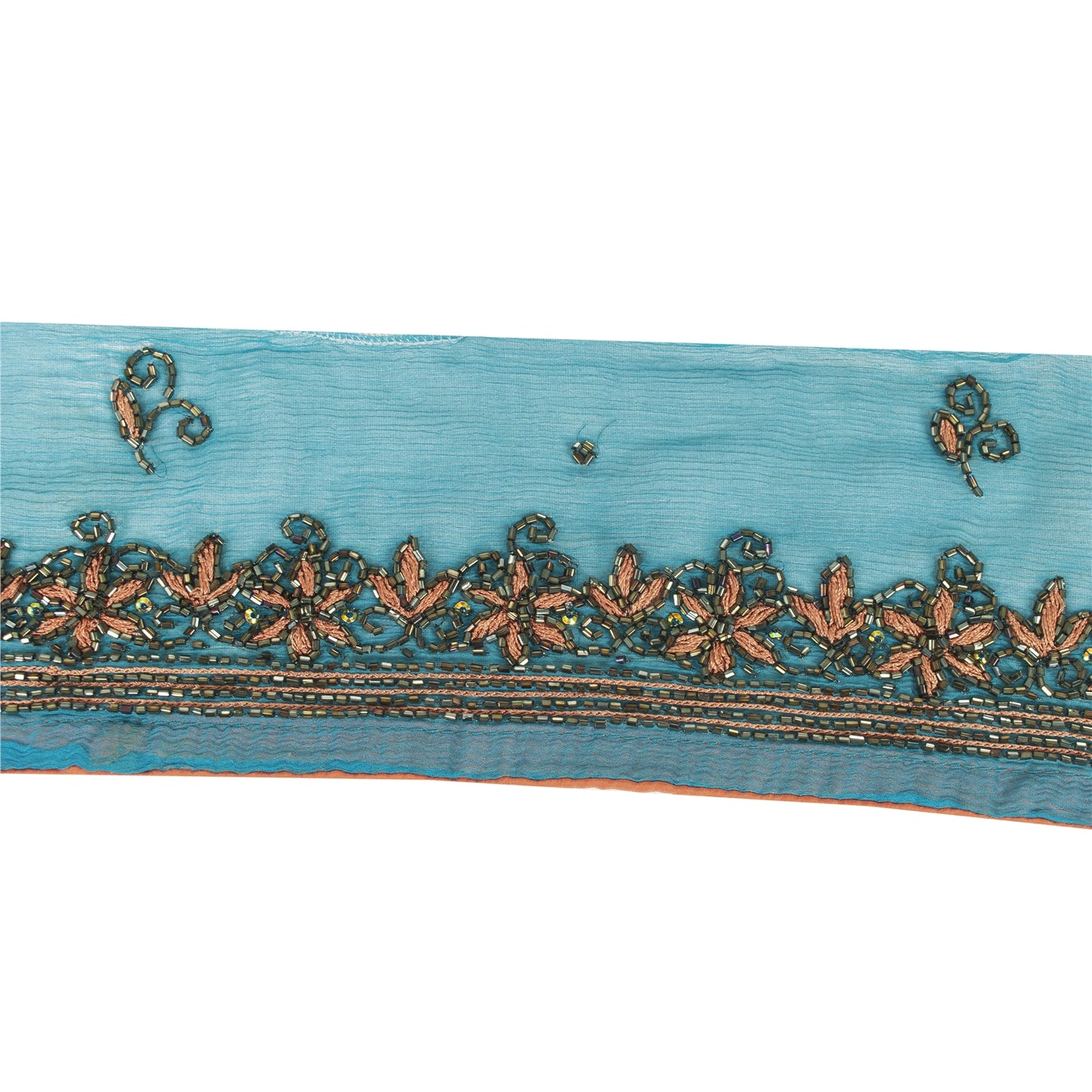 Sanskriti Vintage Saree Border Hand Beaded Indian Craft Trims Lace 1 Yard Blue