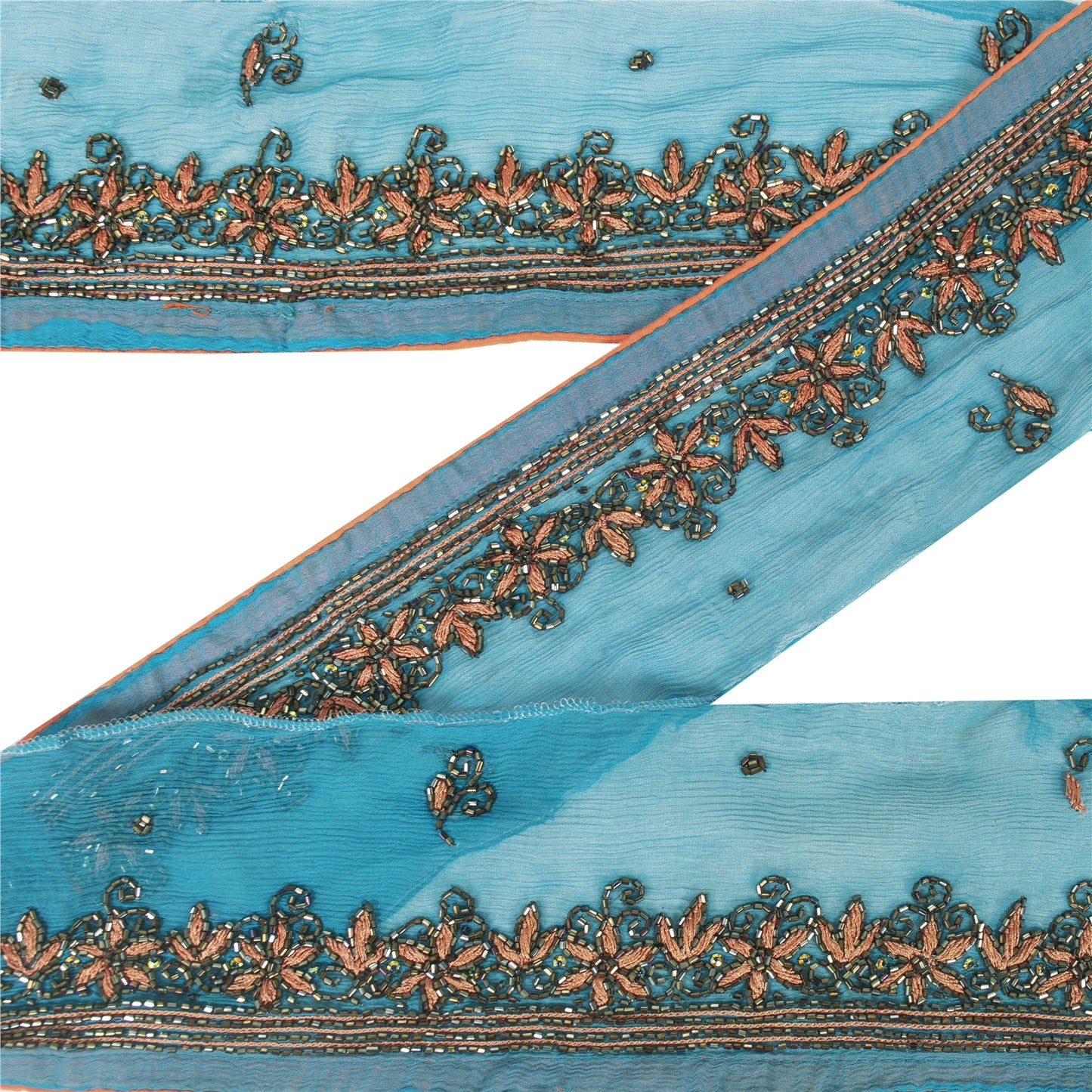 Sanskriti Vintage Saree Border Hand Beaded Indian Craft Trims Lace 1 Yard Blue