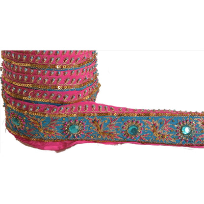Sanskriti Vintage Saree Border Hand Beaded Indian Zari Craft Trims Lace 1Yd Pink