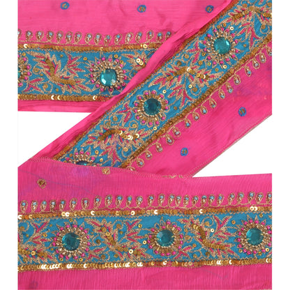 Sanskriti Vintage Saree Border Hand Beaded Indian Zari Craft Trims Lace 1Yd Pink