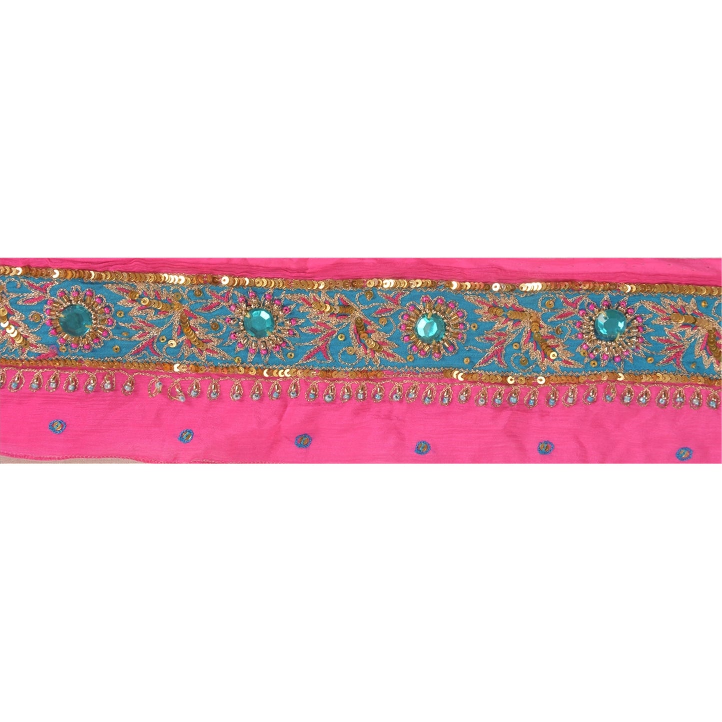 Sanskriti Vintage Saree Border Hand Beaded Indian Zari Craft Trims Lace 1Yd Pink