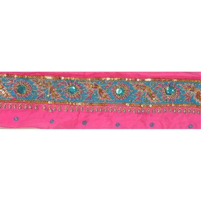 Sanskriti Vintage Saree Border Hand Beaded Indian Zari Craft Trims Lace 1Yd Pink