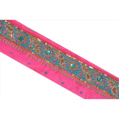 Sanskriti Vintage Saree Border Hand Beaded Indian Zari Craft Trims Lace 1Yd Pink