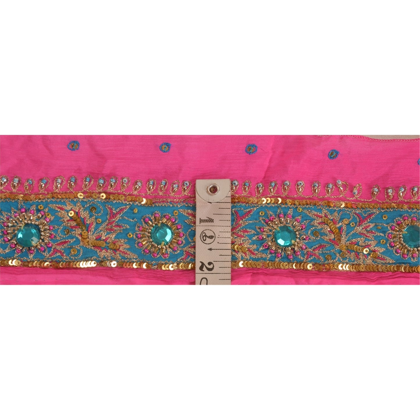 Sanskriti Vintage Saree Border Hand Beaded Indian Zari Craft Trims Lace 1Yd Pink
