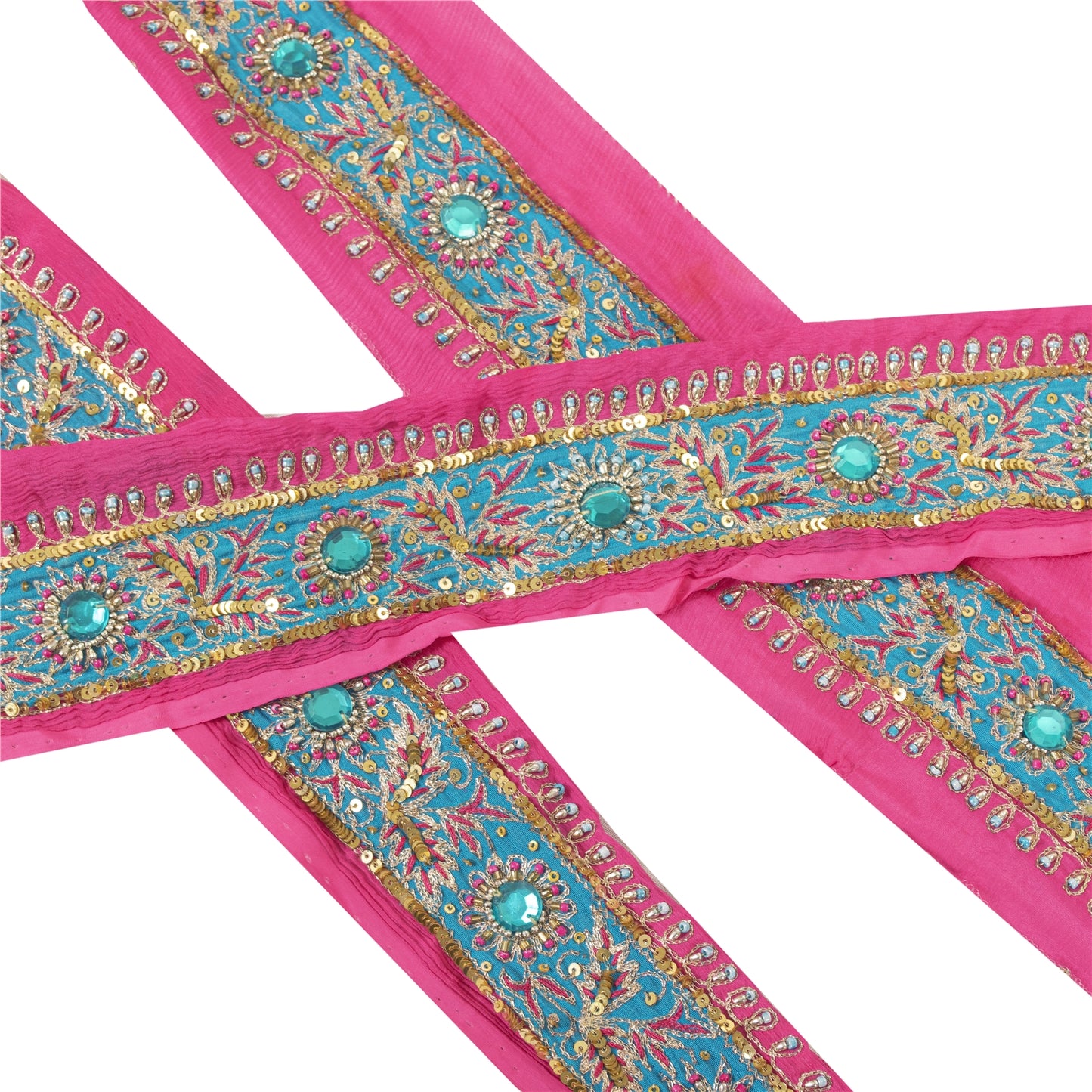 Sanskriti Vintage Saree Border Hand Beaded Indian Zari Craft Trims Lace 1Yd Pink