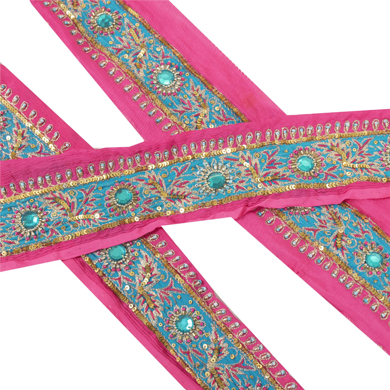 Sanskriti Vintage Saree Border Hand Beaded Indian Zari Craft Trims Lace 1Yd Pink