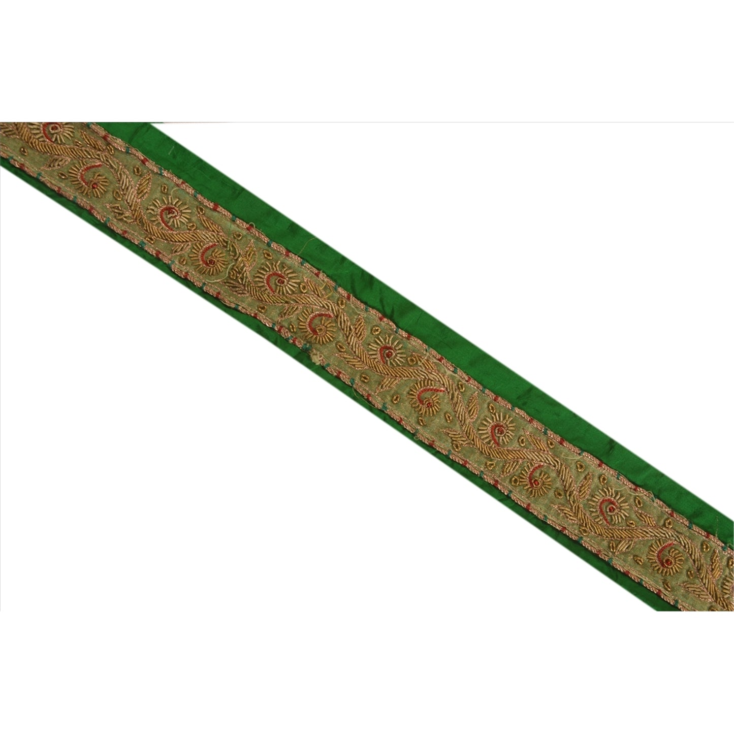Sanskriti Vintage Saree Border Hand Beaded Zardozi Craft Trims 1 Yard Green Lace