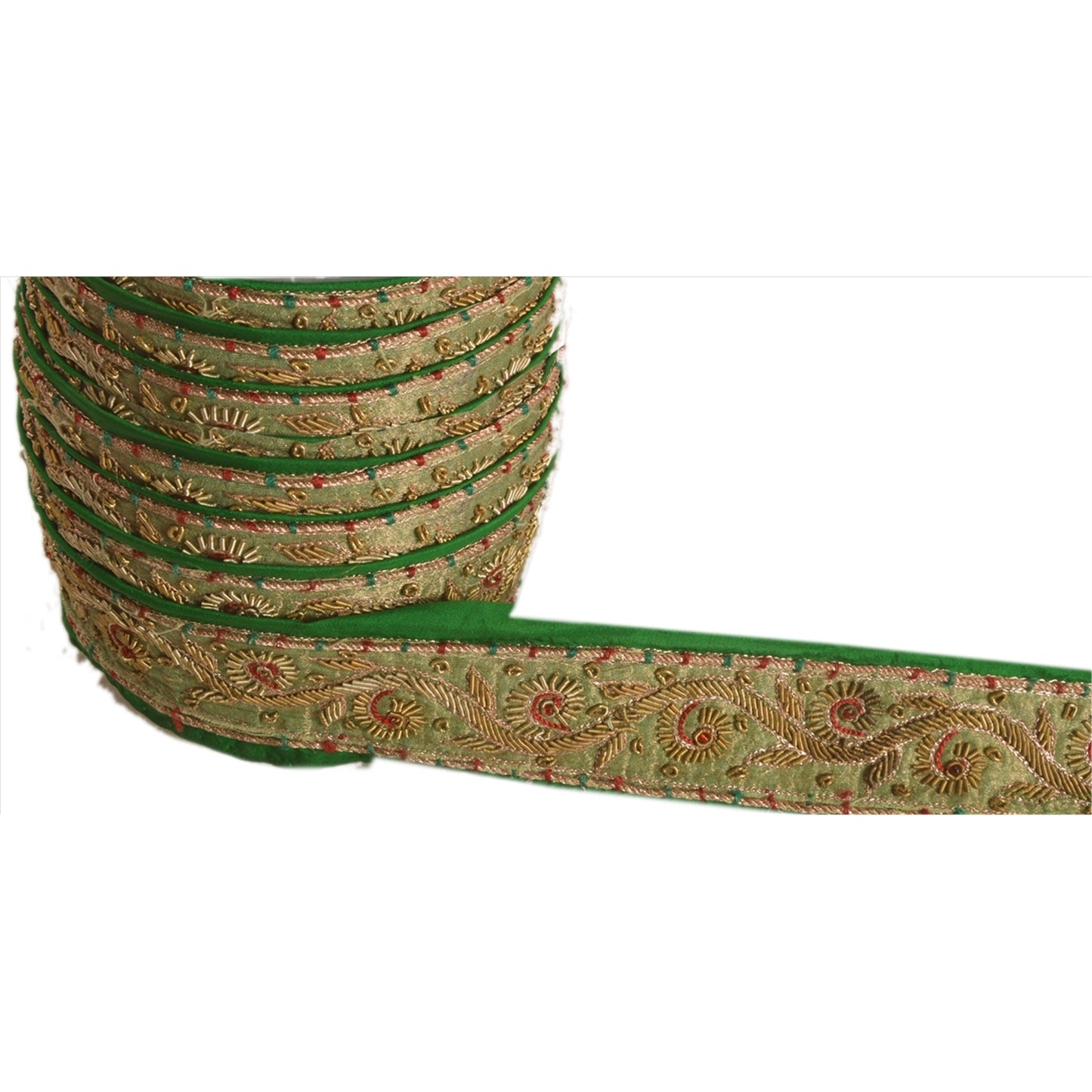 Sanskriti Vintage Saree Border Hand Beaded Zardozi Craft Trims 1 Yard Green Lace
