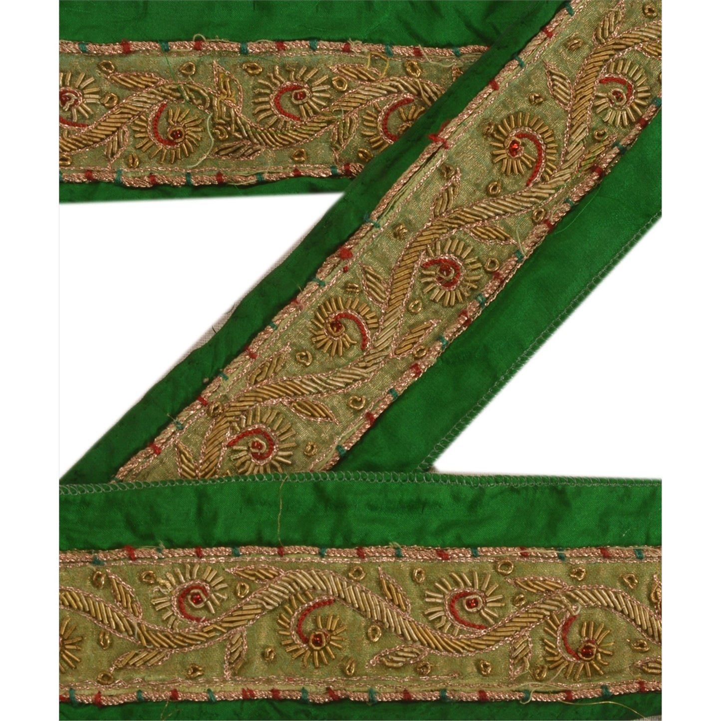 Sanskriti Vintage Saree Border Hand Beaded Zardozi Craft Trims 1 Yard Green Lace