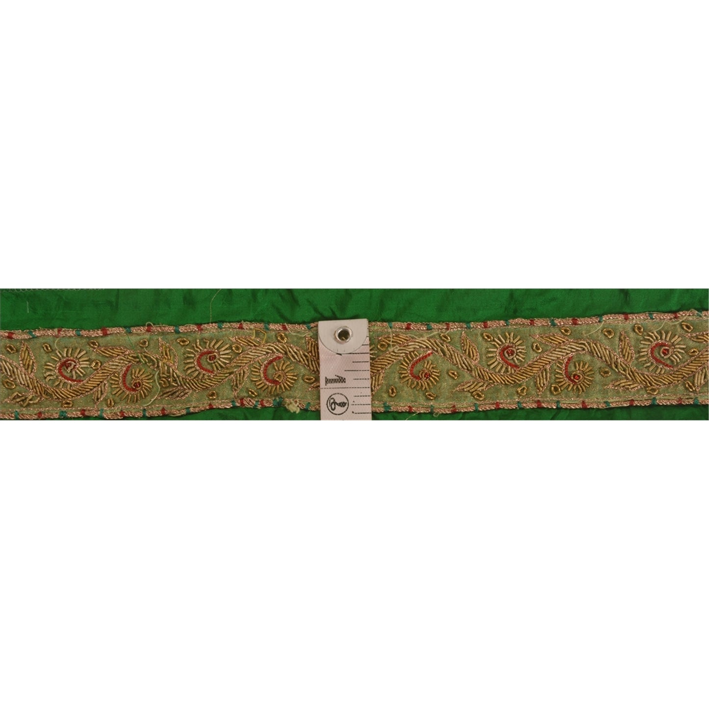 Sanskriti Vintage Saree Border Hand Beaded Zardozi Craft Trims 1 Yard Green Lace
