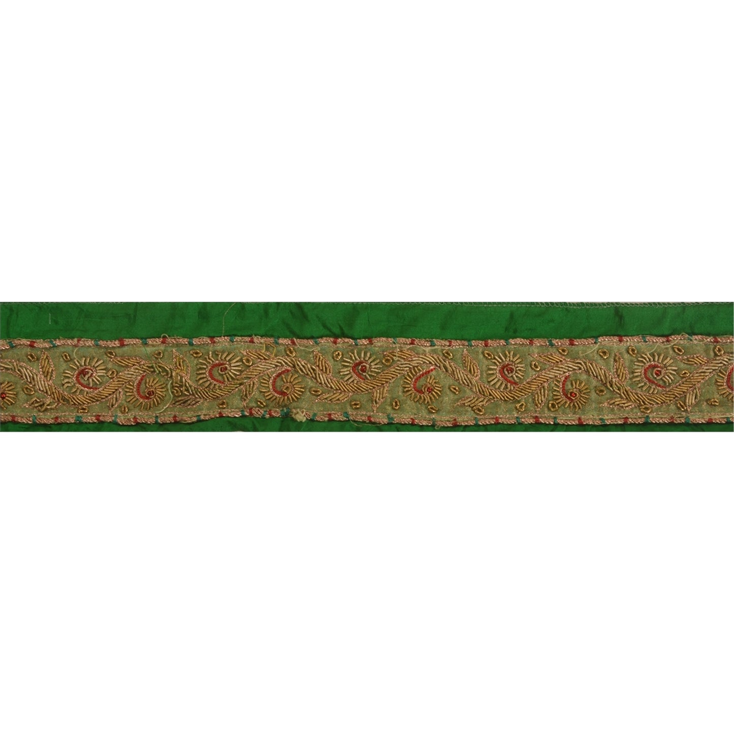 Sanskriti Vintage Saree Border Hand Beaded Zardozi Craft Trims 1 Yard Green Lace