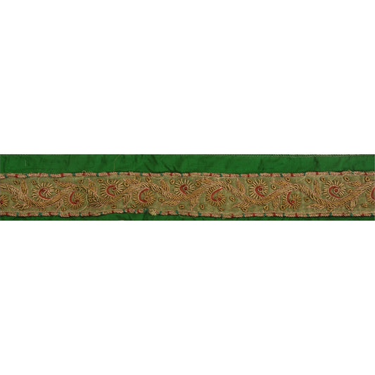 Sanskriti Vintage Saree Border Hand Beaded Zardozi Craft Trims 1 Yard Green Lace