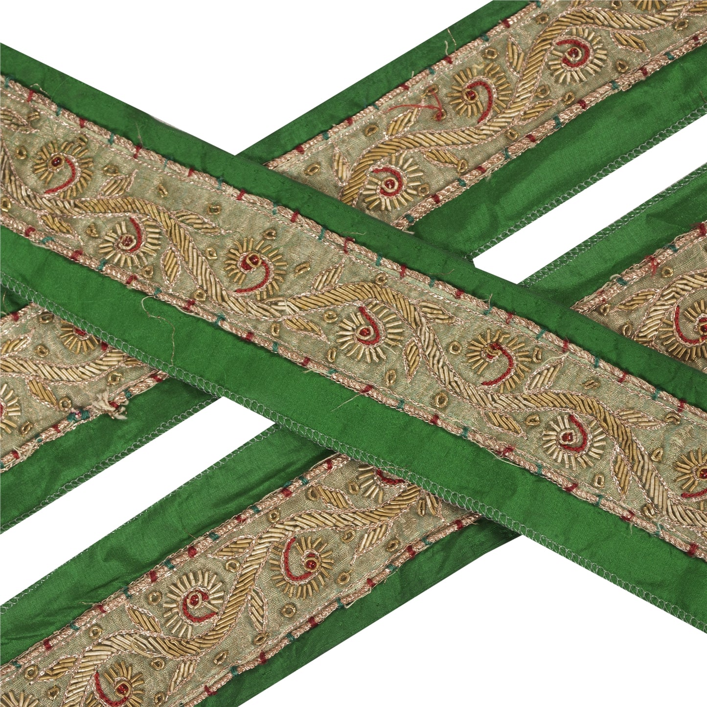 Sanskriti Vintage Saree Border Hand Beaded Zardozi Craft Trims 1 Yard Green Lace