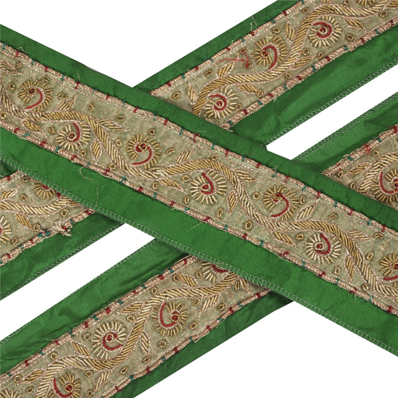 Sanskriti Vintage Saree Border Hand Beaded Zardozi Craft Trims 1 Yard Green Lace