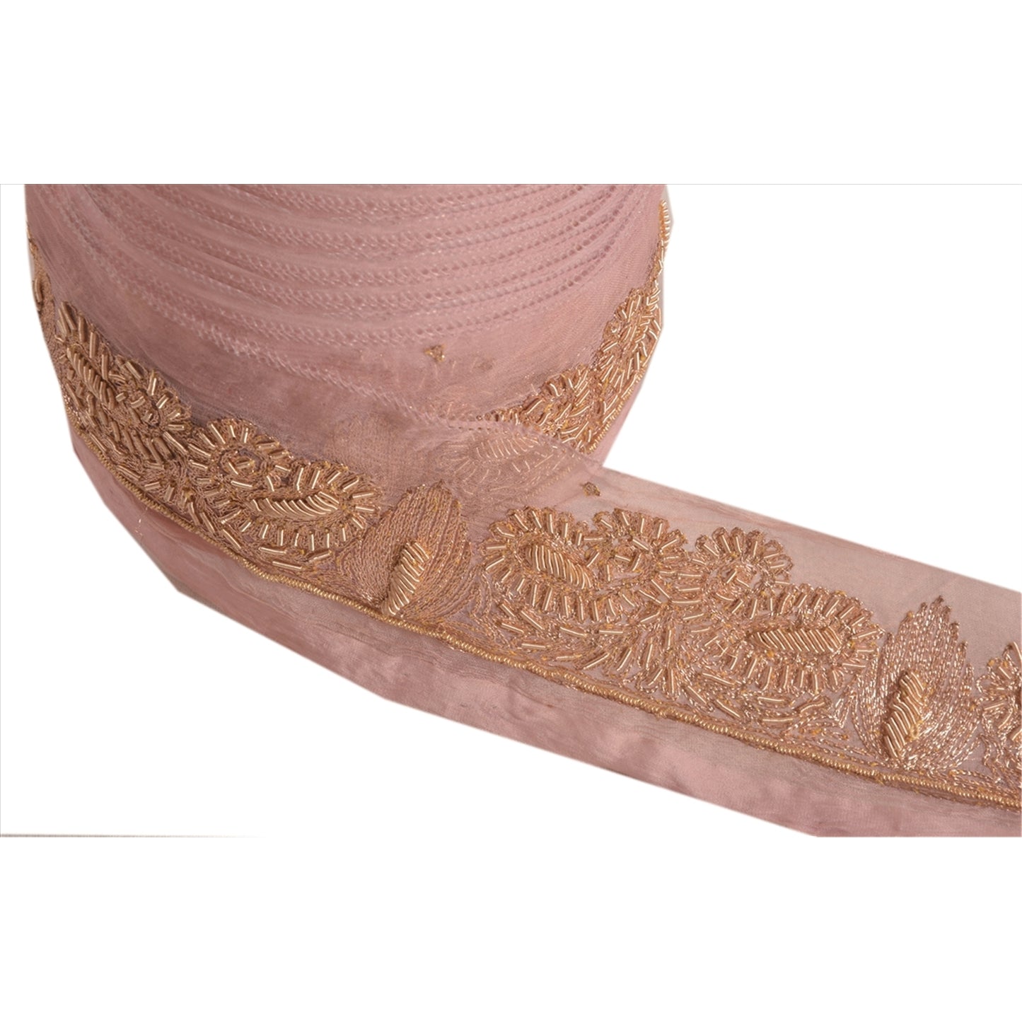 Sanskriti Vintage Saree Border Hand Embroidered Dabka Trims Lace 1 Yard Pink