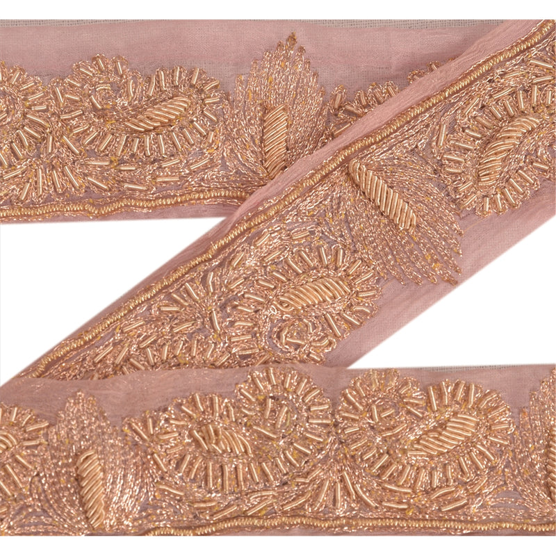 Sanskriti Vintage Saree Border Hand Embroidered Dabka Trims Lace 1 Yard Pink