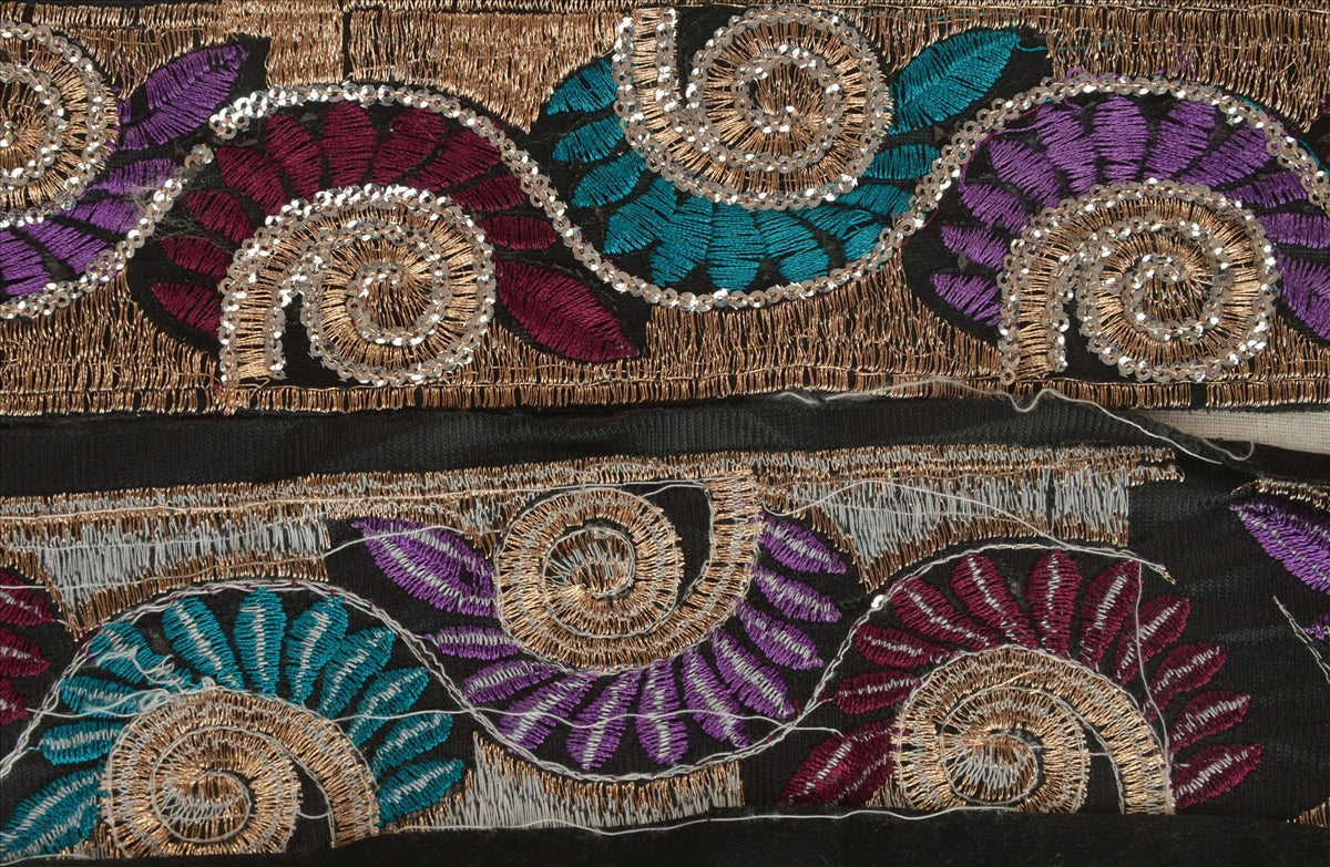 Sanskriti Vintage Saree Border Embroidered Indian Craft Trims Lace 1 Yard Black