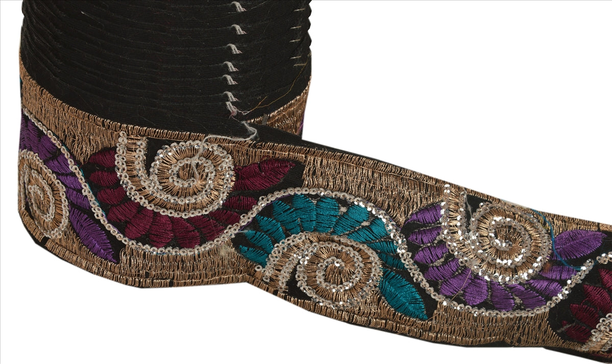 Sanskriti Vintage Saree Border Embroidered Indian Craft Trims Lace 1 Yard Black