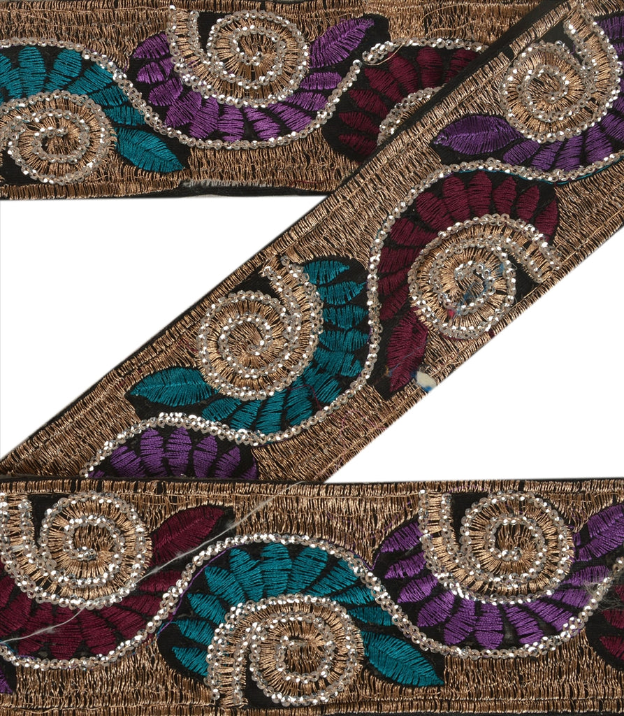 Sanskriti Vintage Saree Border Embroidered Indian Craft Trims Lace 1 Yard Black