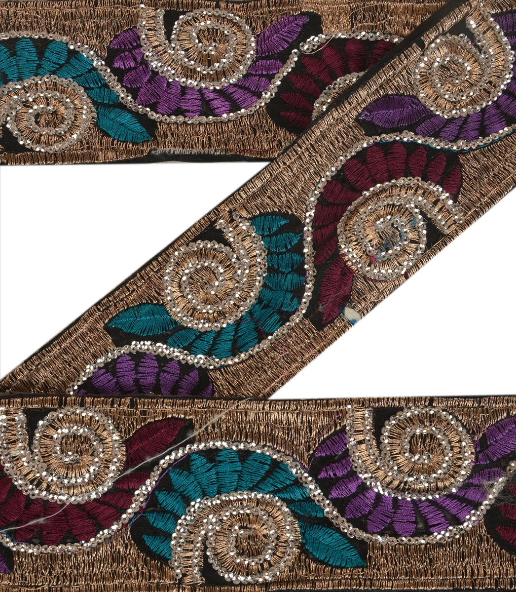 Sanskriti Vintage Saree Border Embroidered Indian Craft Trims Lace 1 Yard Black