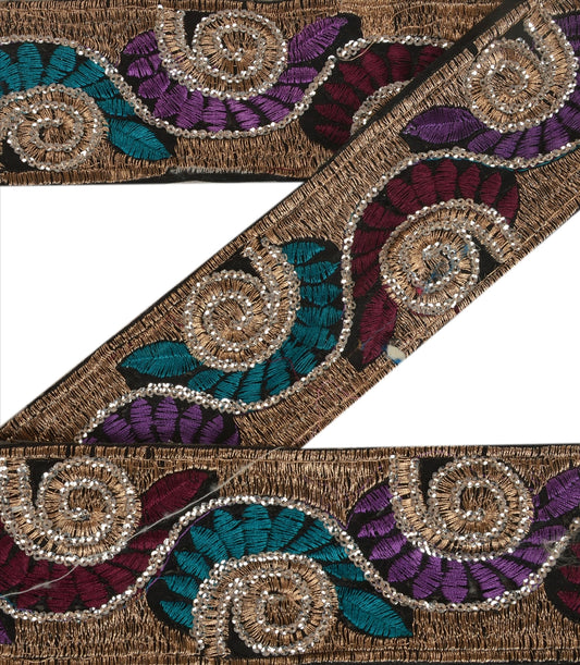 Sanskriti Vintage Saree Border Embroidered Indian Craft Trims Lace 1 Yard Black