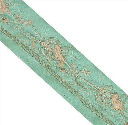 Sanskriti Vintage Green Saree Border Hand Beaded Indian Craft Trims Lace 1 Yard