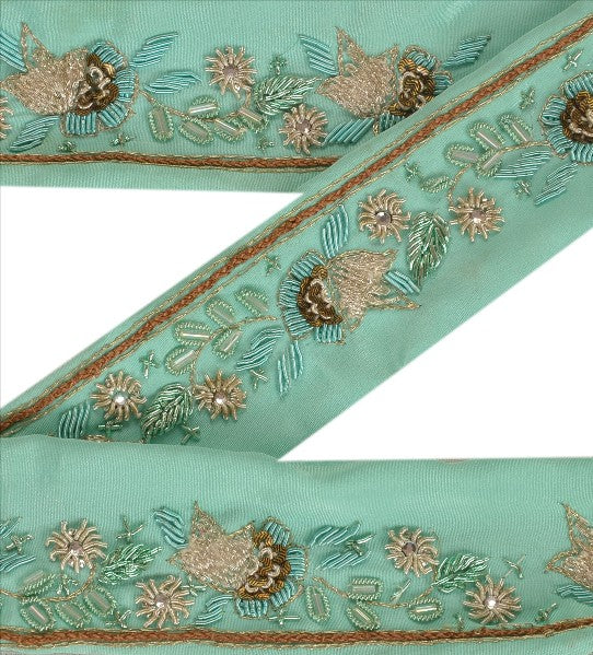 Sanskriti Vintage Green Saree Border Hand Beaded Indian Craft Trims Lace 1 Yard
