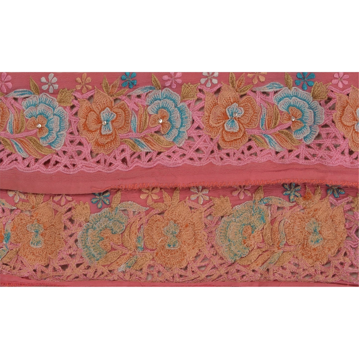 Sanskriti Vintage Sari Border Antique Hand Beaded 1 YD Trim Sewing SilkPink Lace