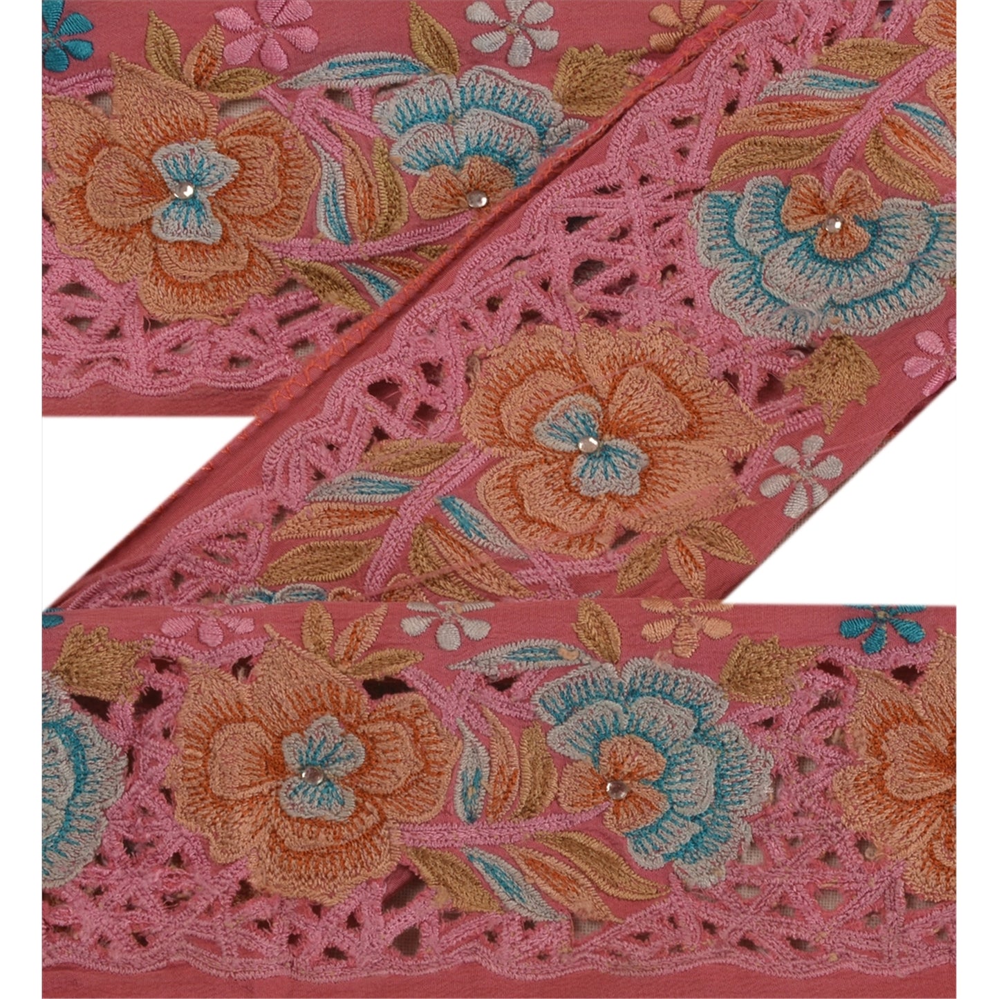 Sanskriti Vintage Sari Border Antique Hand Beaded 1 YD Trim Sewing SilkPink Lace